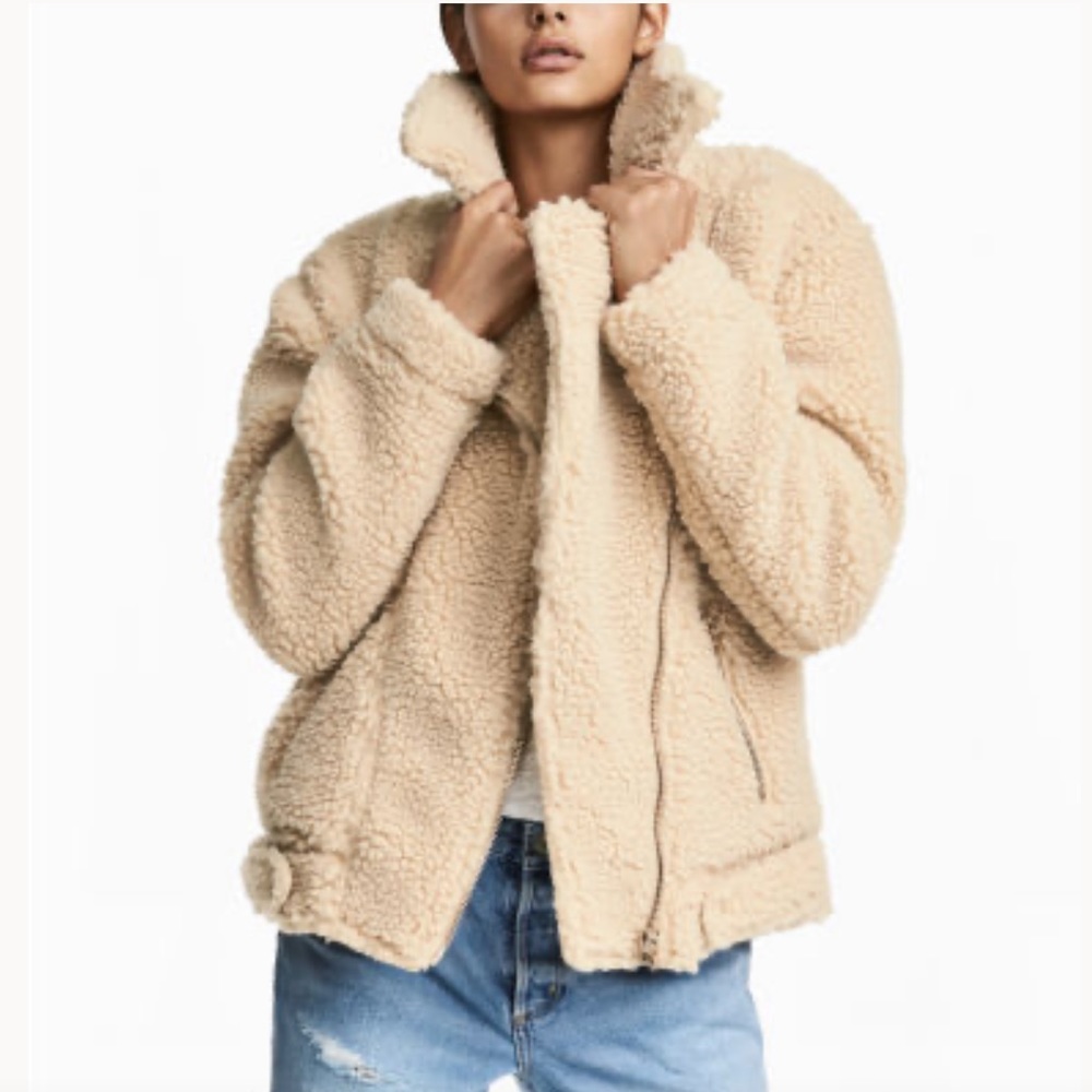 H&M Teddy Bear Pule Motorcycle Jacket Beige 10